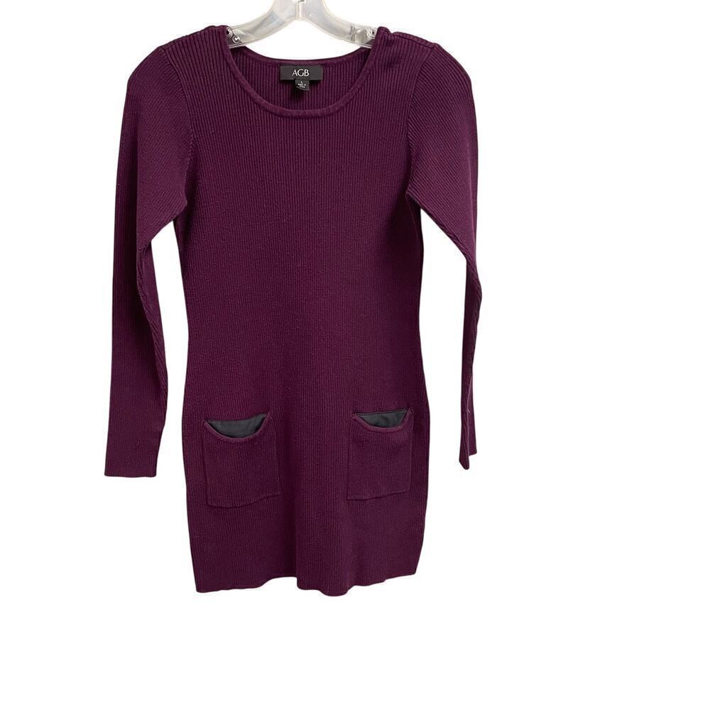 AGB Plum Ribbed Mini Dress Tunic Size Large Pockets Long Sleeve Casual Layering
